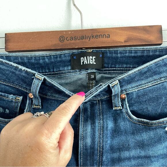 Paige | Women’s Hoxton Slim Raw-Hem Jeans Slopes Destructed Dark Wash Raw Hem 28 - Picture 5 of 10